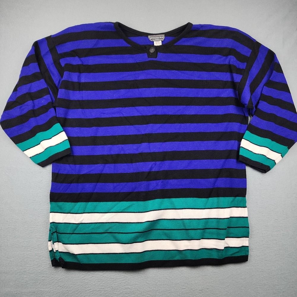 Vintage McNaughton Wear Sweater Womens 2X Blue Striped 3/4 Sleeve Knit Plus USA